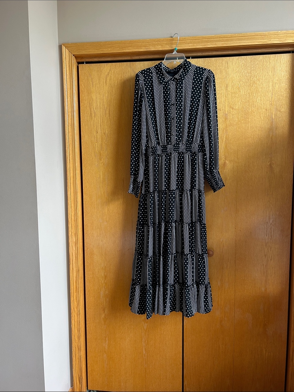 Tahari Black and White Polka Dot Long Sleeve Maxi Dress